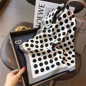 Black and White Silk Feeling Polka Dot Square Scarf 27.5” Satin Retro